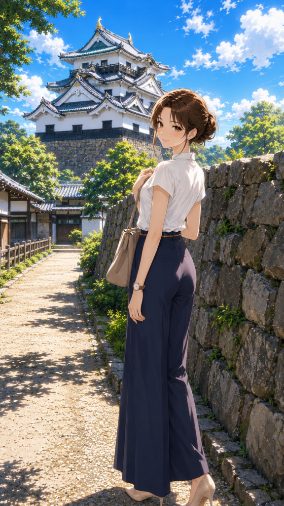 彦根城の歴史と絶景を楽しむ、上品な女性の姿