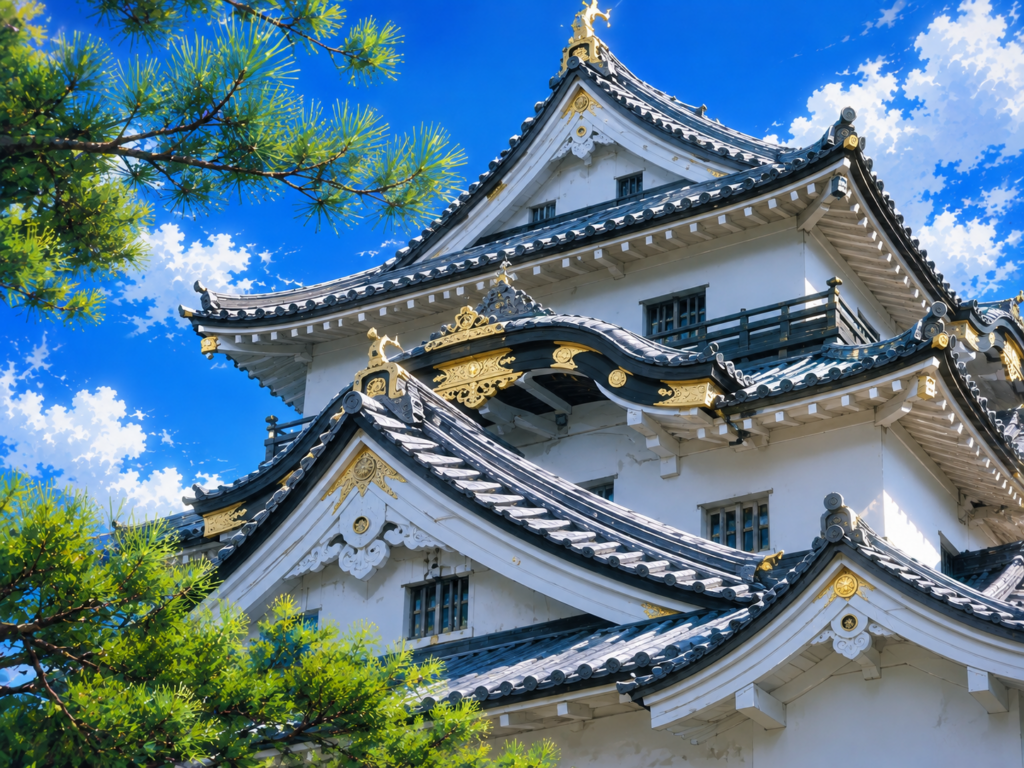 彦根城の歴史を感じる、豪華な屋根飾りと天守閣の絶景クローズアップ