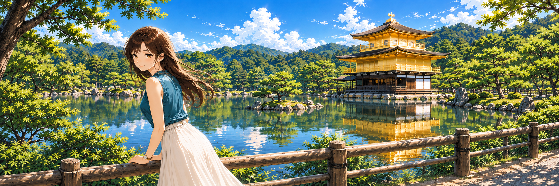 金閣寺と池に映る金色の姿を背景に、振り返るRuriのイラスト