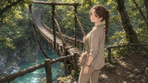 祖谷のかずら橋と祖谷川の絶景を楽しむ上品な女性