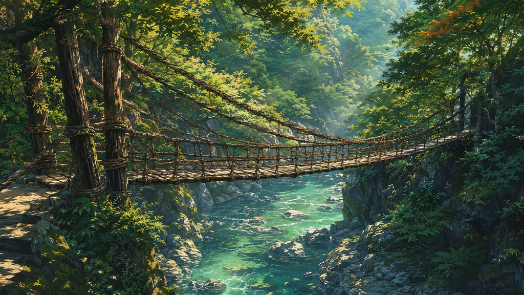 祖谷のかずら橋の全景と深い緑に包まれた祖谷川の絶景