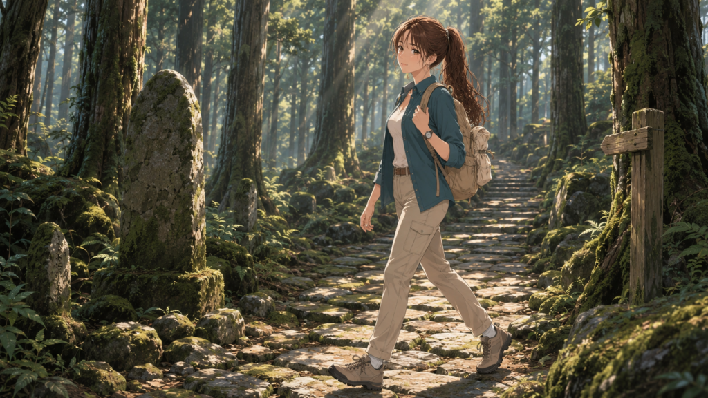 熊野古道 中辺路の苔むした石畳を歩く上品な女性