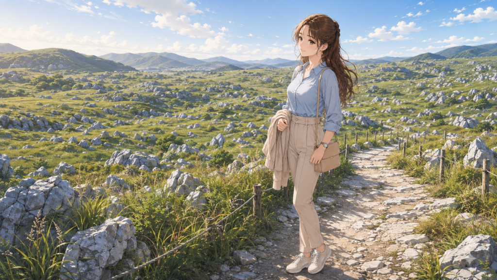 秋吉台と秋芳洞の旅でカルスト台地の絶景を眺める上品な女性