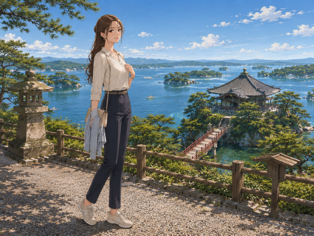 松島の絶景と五大堂を背景に海辺を散策する上品な女性