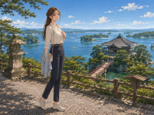 松島の絶景と五大堂を背景に海辺を散策する上品な女性
