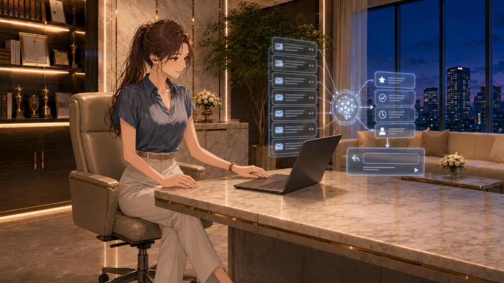 AIメール要約で長いメールスレッドを整理し返信文を作成する女性経営者