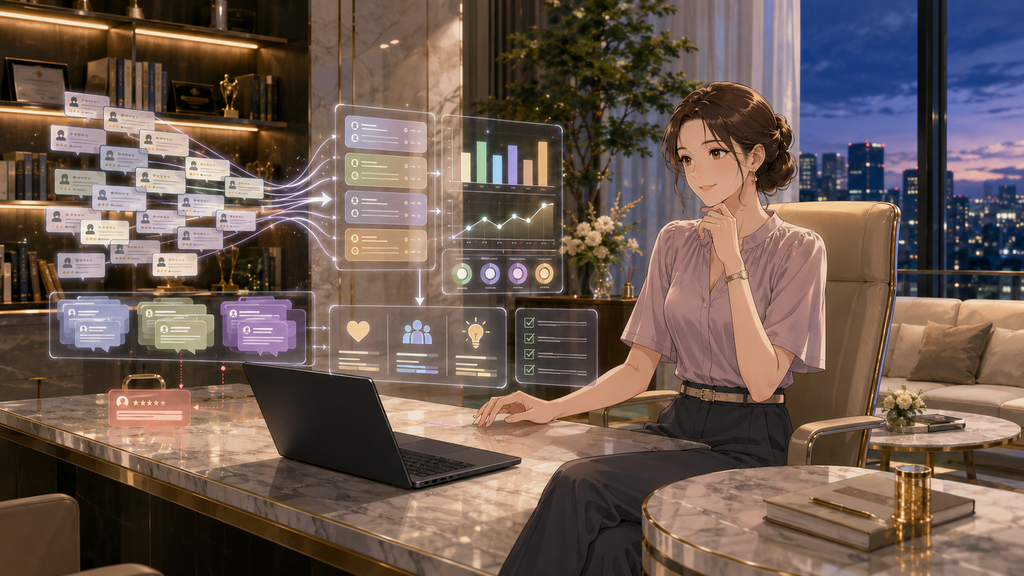 AIアンケート作成で集まった回答を分類し改善点を分析する女性