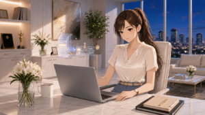 AI PDF要約で長い資料から重要なページと要点を確認する女性経営者