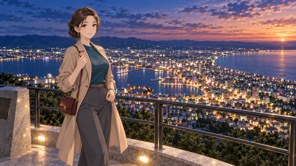 函館山の夜景と元町を巡る旅で函館市街の絶景を楽しむ女性