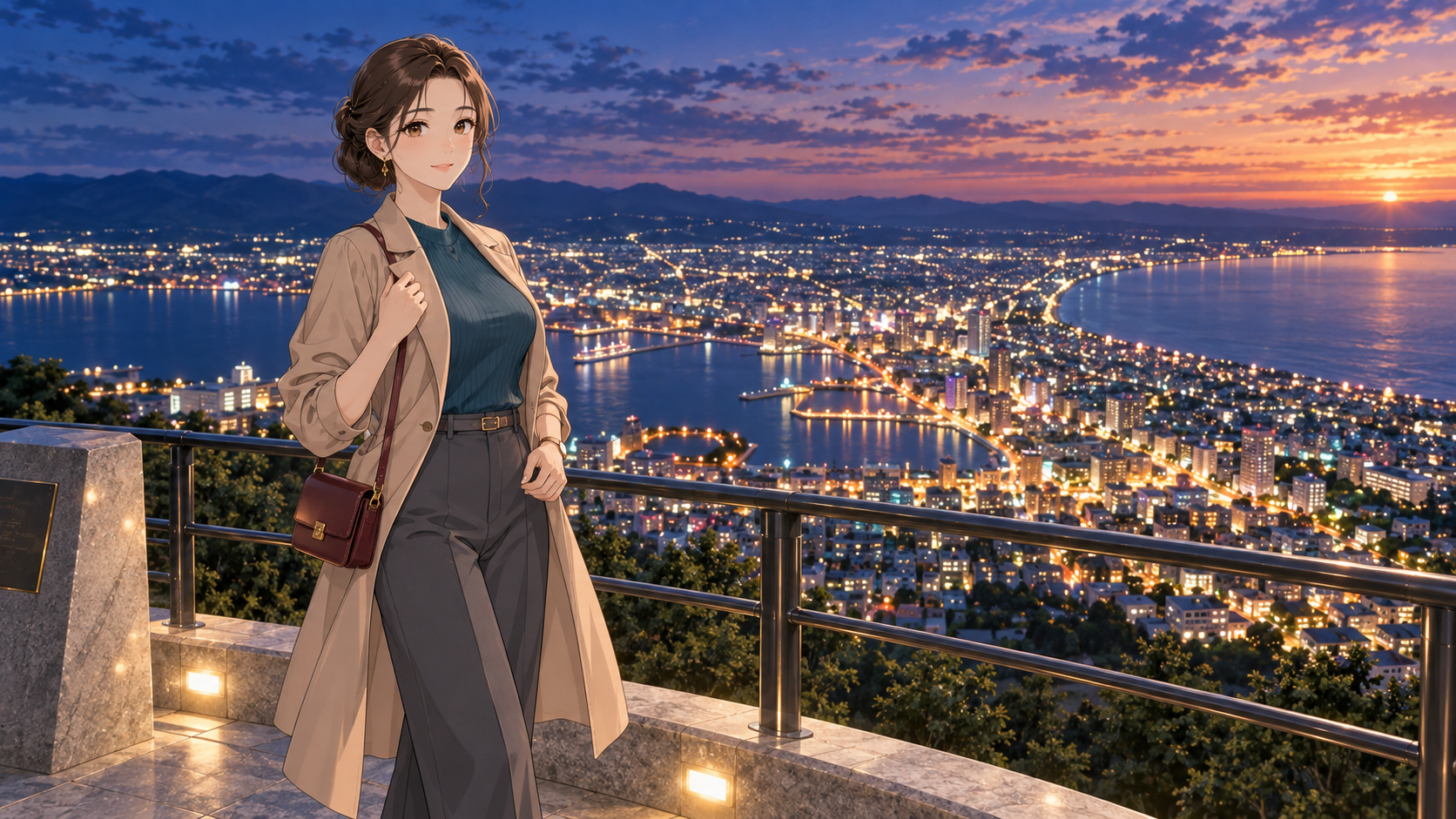 函館山の夜景と元町を巡る旅で函館市街の絶景を楽しむ女性