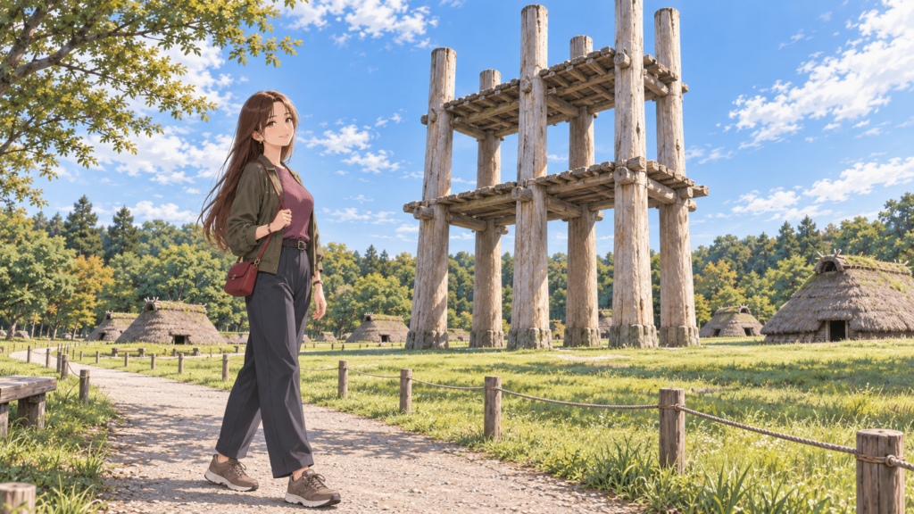 三内丸山遺跡で縄文の暮らしと大型掘立柱建物を見学する風景
