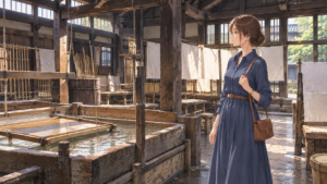 越前和紙の紙漉き文化を伝える卯立の工芸館を見学する女性