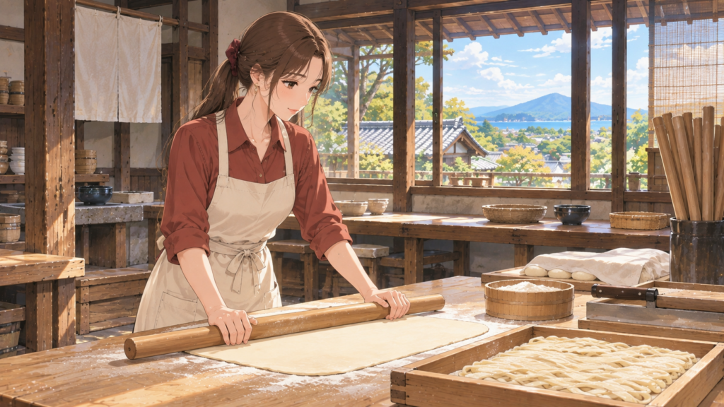 讃岐うどんの食文化を学び手打ちうどんの生地を延ばす女性