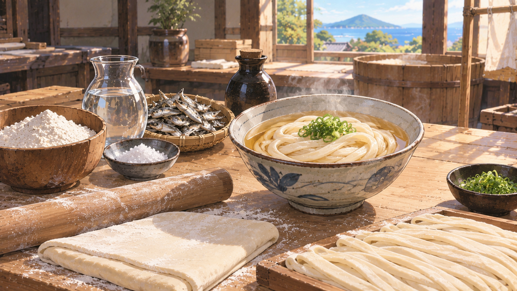 讃岐うどんの食文化を支える小麦粉・塩・伊吹いりこ・醤油と手打ち麺