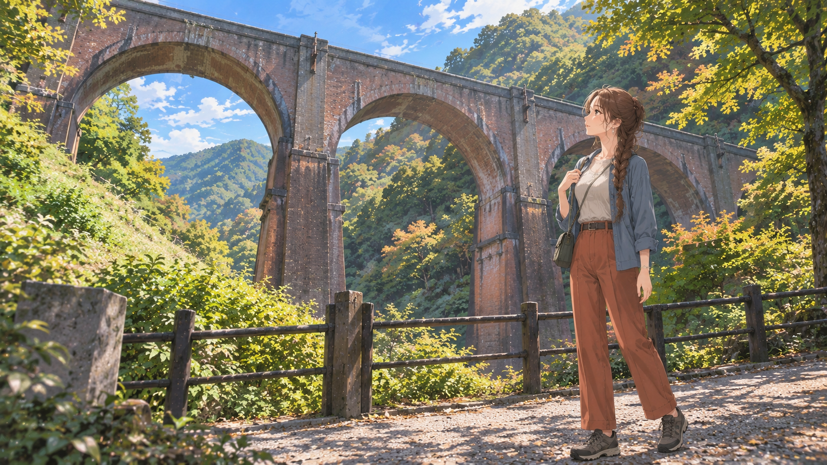碓氷峠のめがね橋とアプト式鉄道の歴史を学ぶ女性
