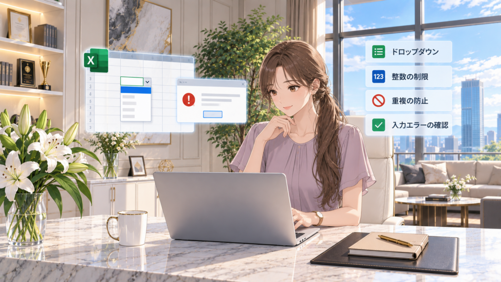 Excel入力規則でドロップダウンとエラー警告を設定し入力ミスを防ぐイメージ