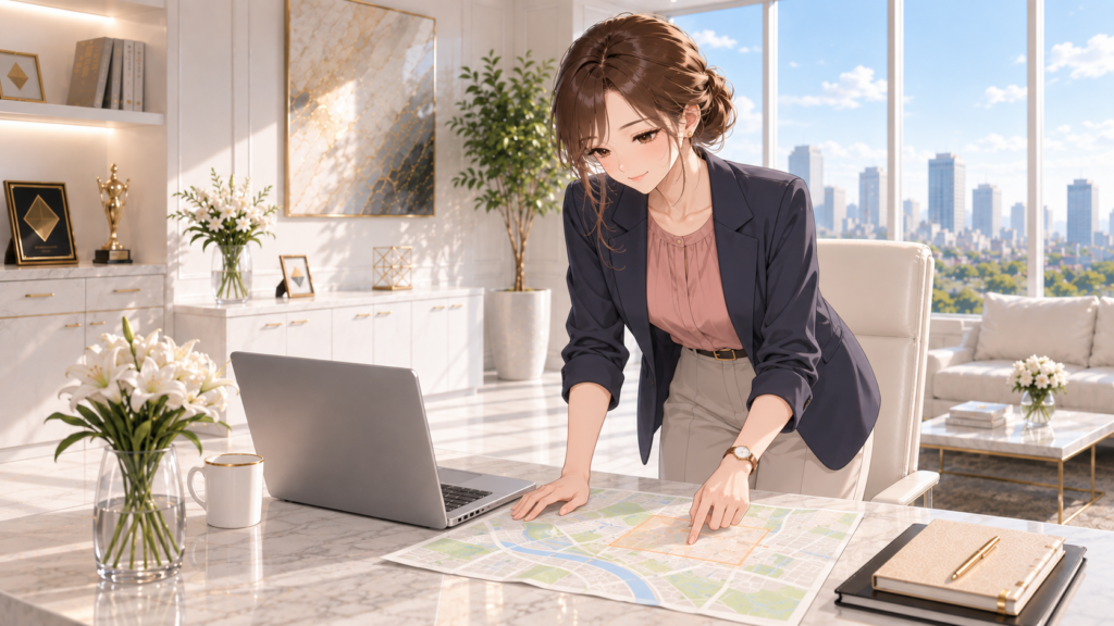 固定オフィスで立ち、紙の地図に示した保存範囲を指で確認するRuri