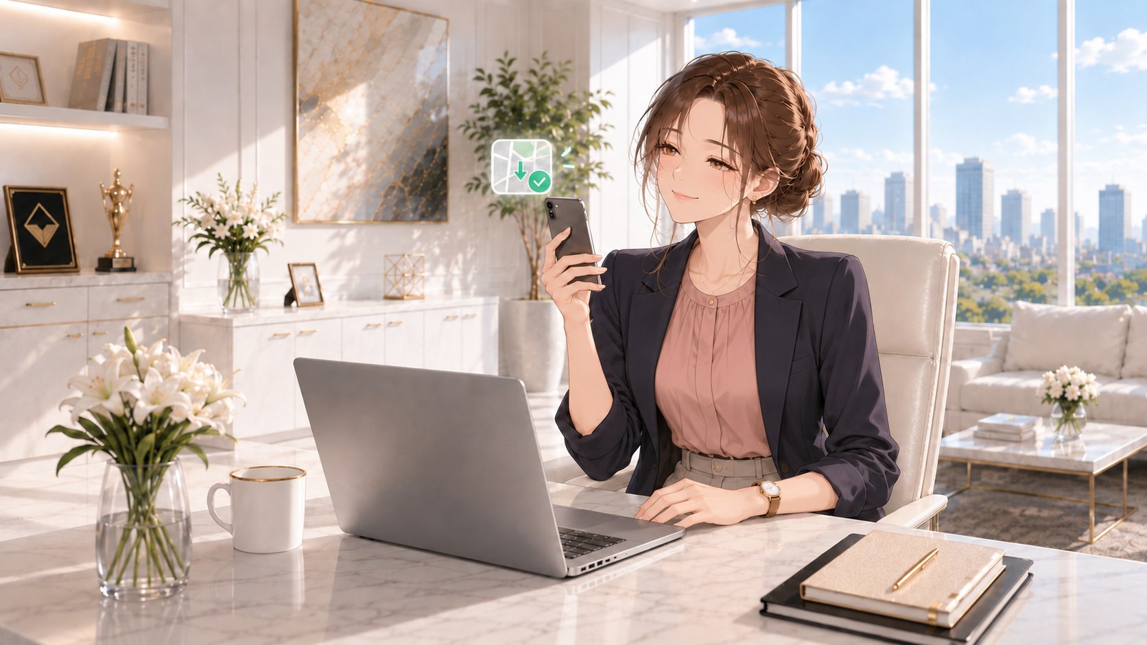 固定オフィスの椅子に座り、右手に持ったスマートフォンで保存を確認するRuri