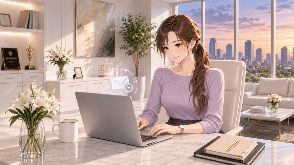 Gmailの予約送信をイメージし、固定オフィスでノートPCを操作するRuri