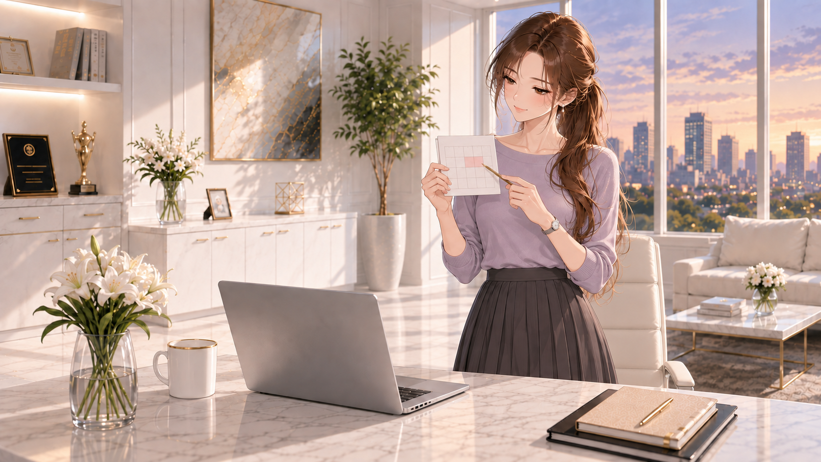 予約送信の日時の見直しをイメージし、紙の予定表を指し示すRuri