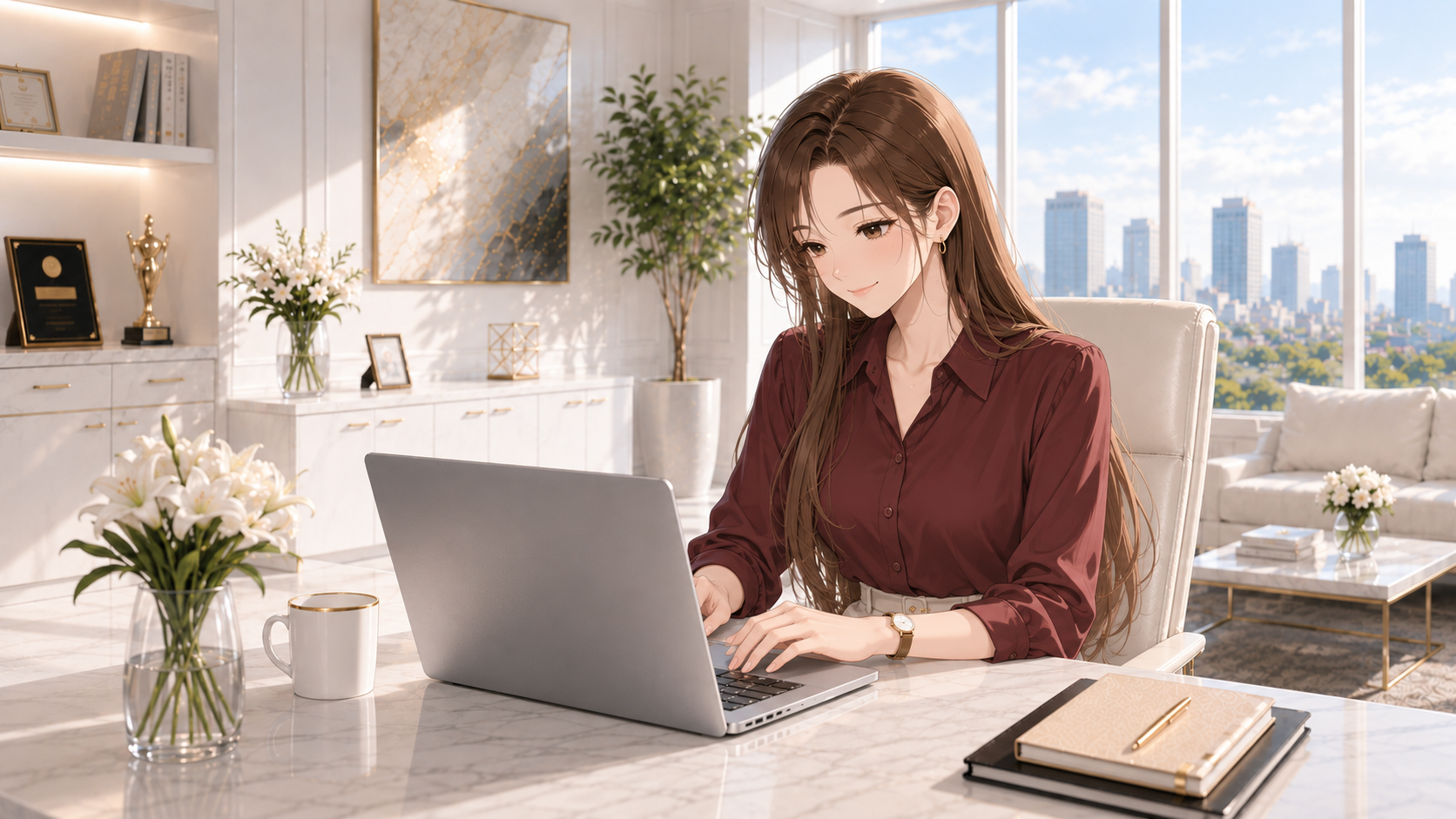 Windows 11の仮想デスクトップの操作をイメージし、椅子に座ってPCを使うRuri