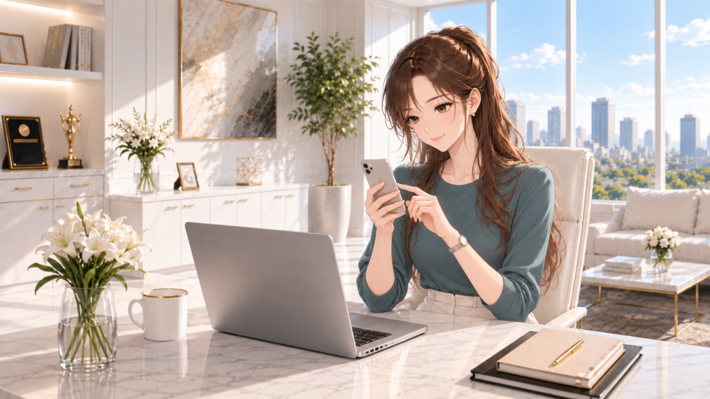 iPhoneの文字サイズ調整をイメージし、白い椅子に座ってスマートフォンを操作するRuri