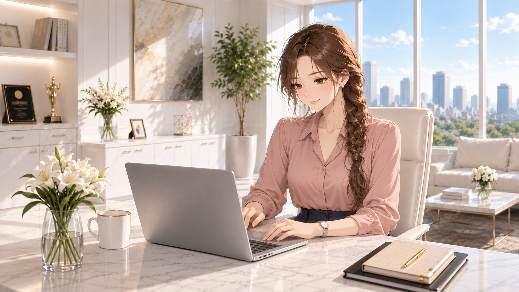 共有設定の見直しをイメージし、白い椅子に座ってノートPCを操作するRuri