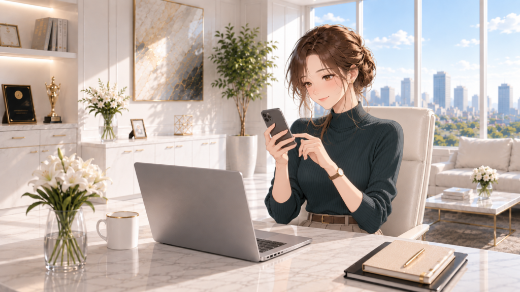 固定オフィスの椅子に座り、スマートフォンでPDFの印刷準備をするRuriのイラスト