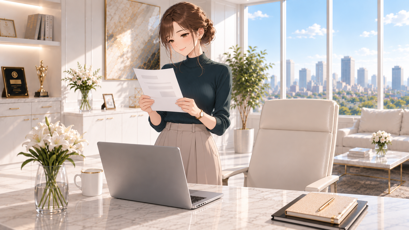 固定オフィスで立ち、両手に持った紙の内容を確認するRuriのイラスト