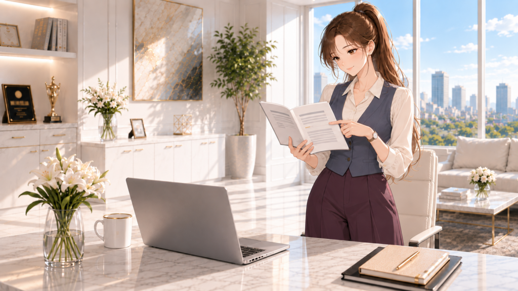 固定オフィスで立ち、開いた冊子の見出しを指で確認するRuriのイラスト