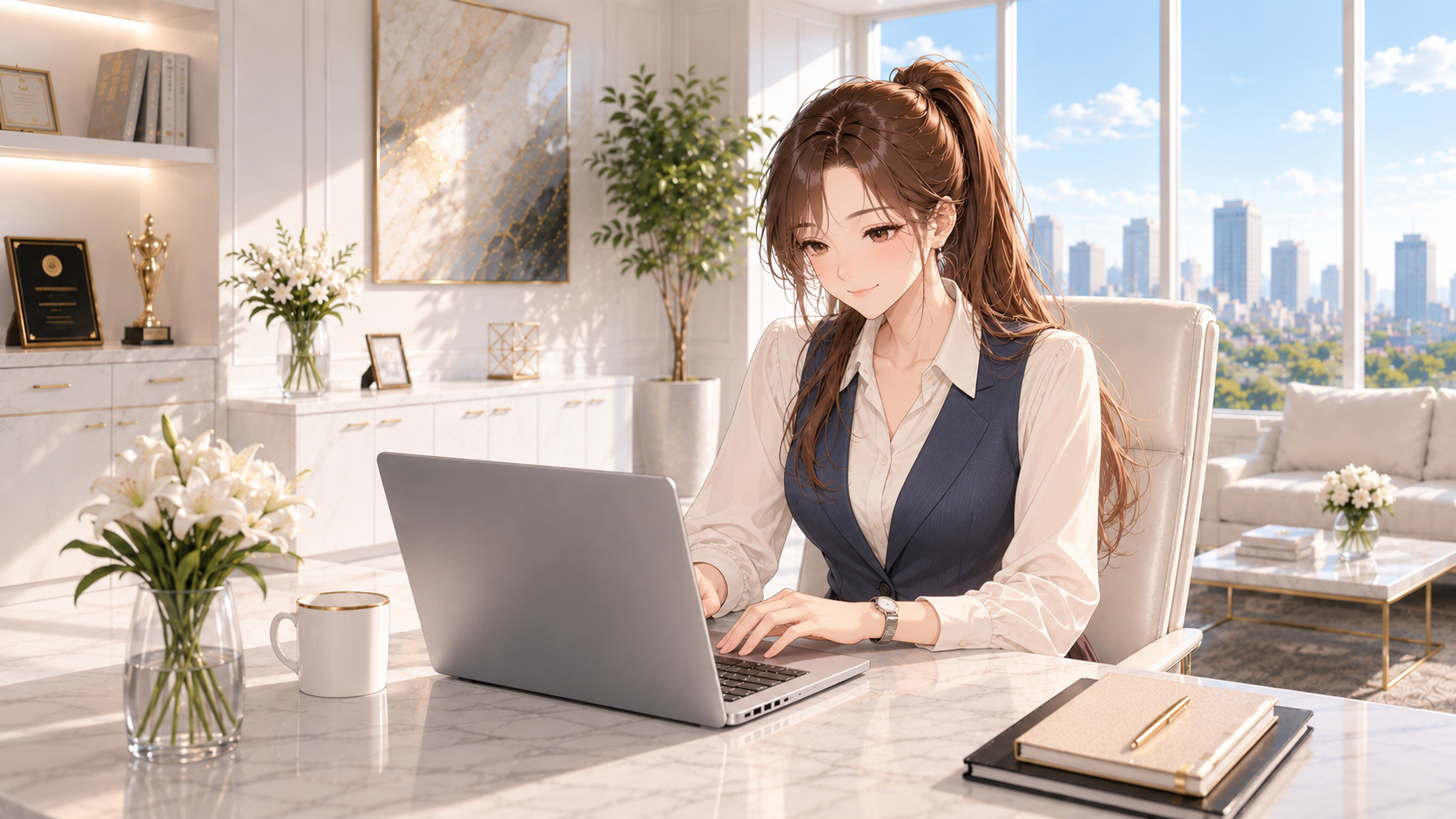 同じ固定オフィスの椅子に座り、ノートパソコンで目次を更新するRuriのイラスト