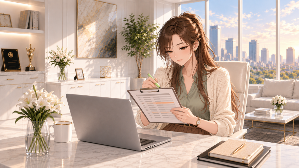 固定オフィスの椅子に座り、表の候補にマーカーで印を付けるRuriのイラスト