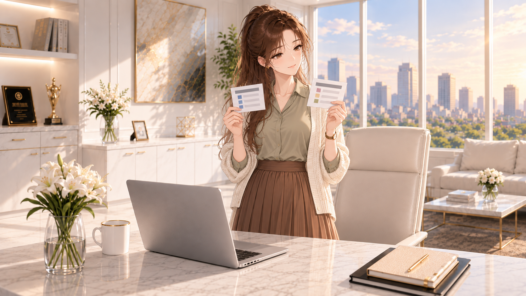 固定オフィスで立ち、両手に持った2枚のカードの違いを比べるRuriのイラスト
