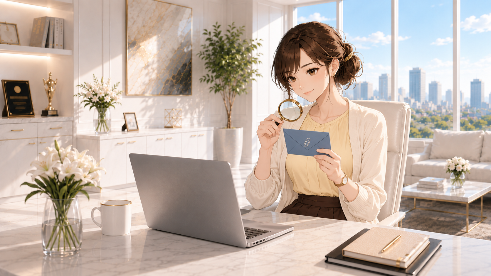 Gmailの添付ファイル検索を表す、青い封筒と虫眼鏡を持つRuri