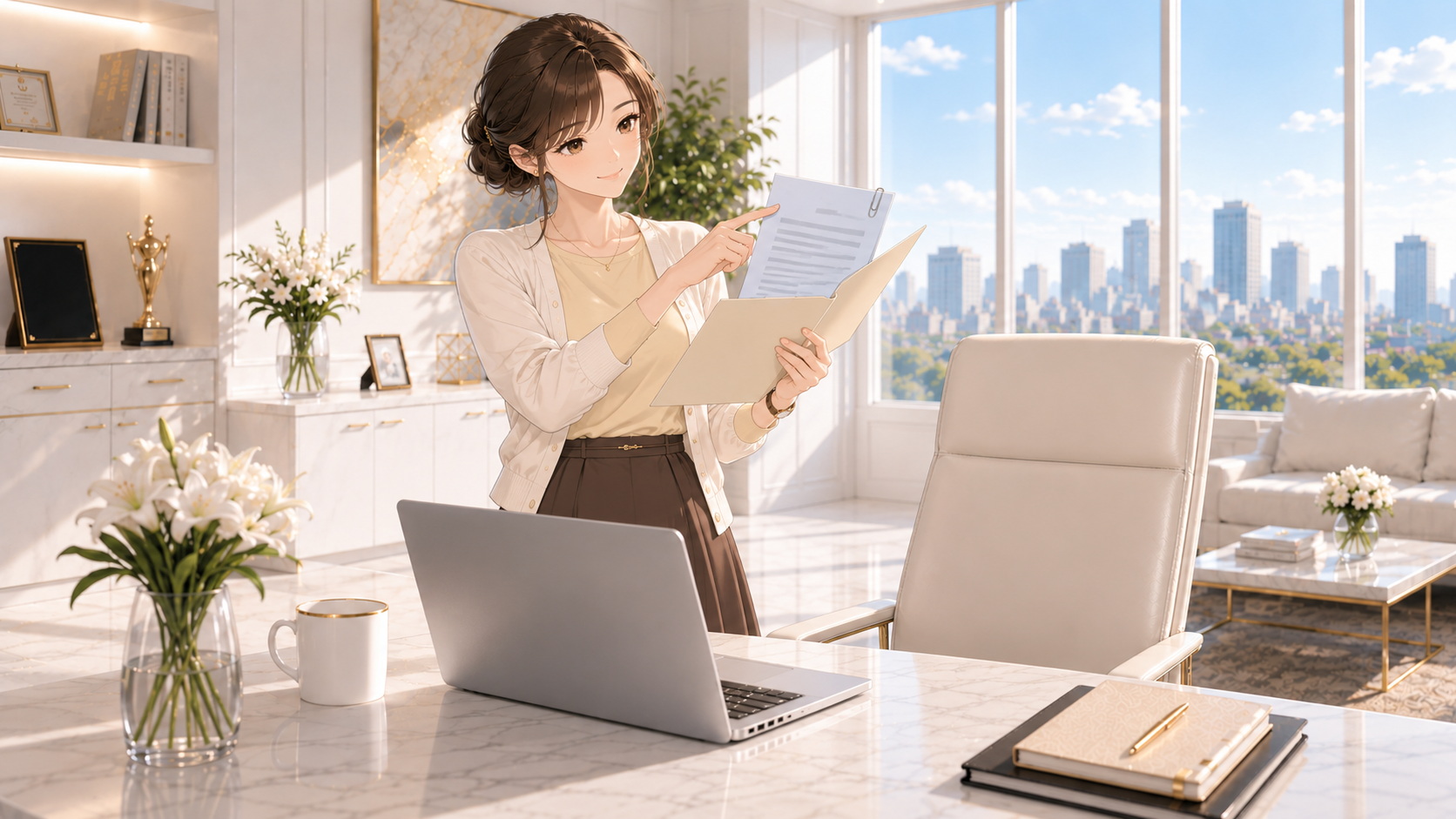固定オフィスで立ち、見つけた添付資料を表す紙を指し示すRuri
