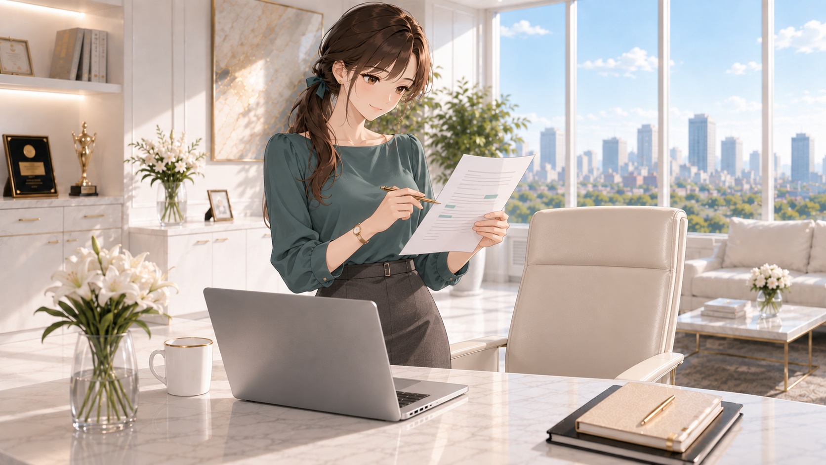 固定オフィスで立ち、紙の修正案をペンで確認するRuri