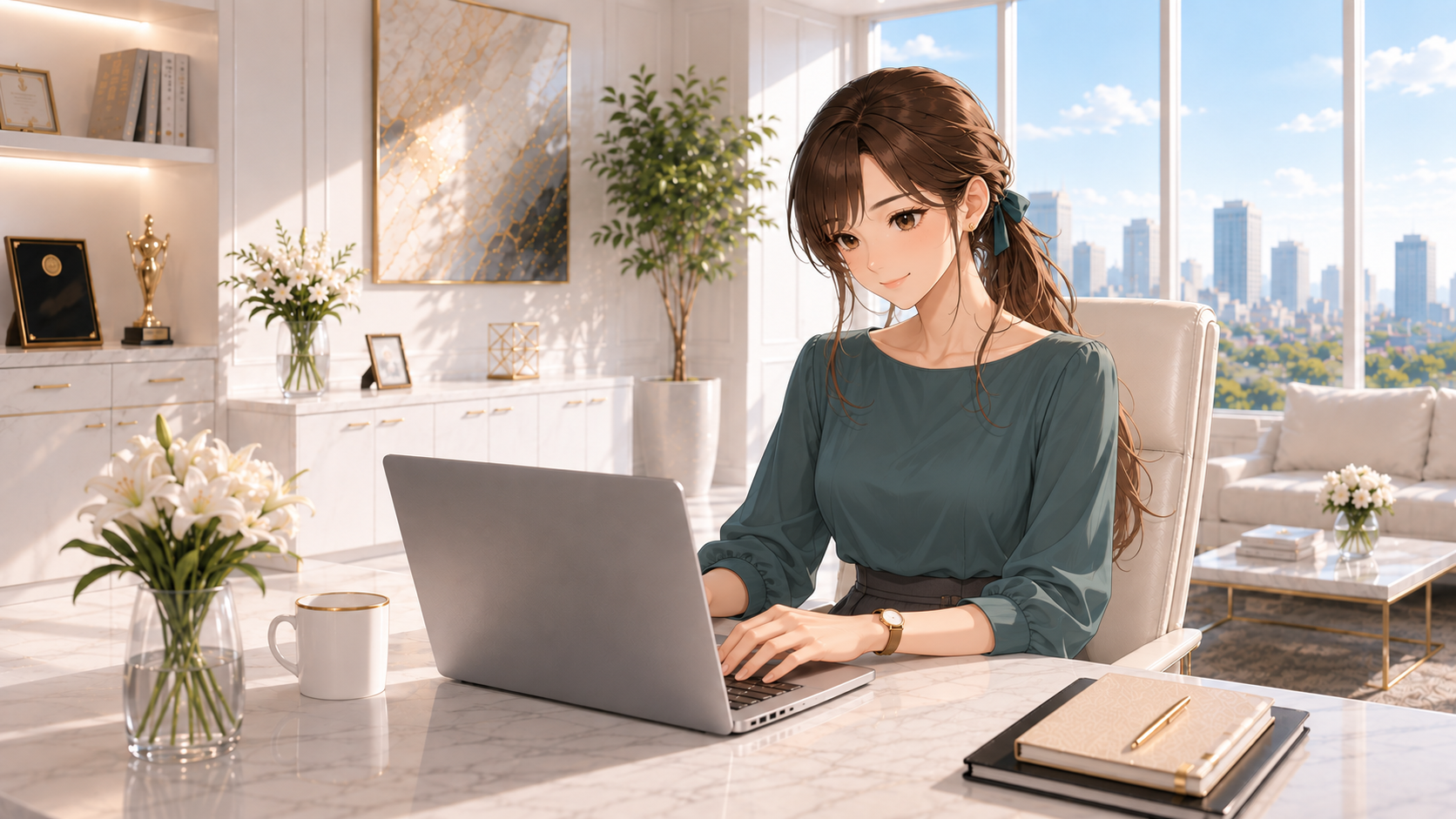 同じオフィスの椅子に座り、パソコンで修正案を確認するRuri