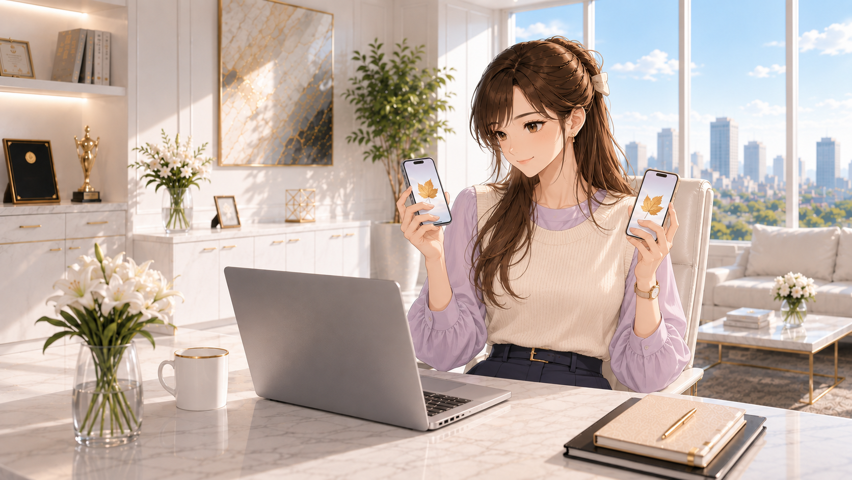 AirDropの写真共有をイメージし、葉の画像を表示した二台のスマートフォンを持つRuri