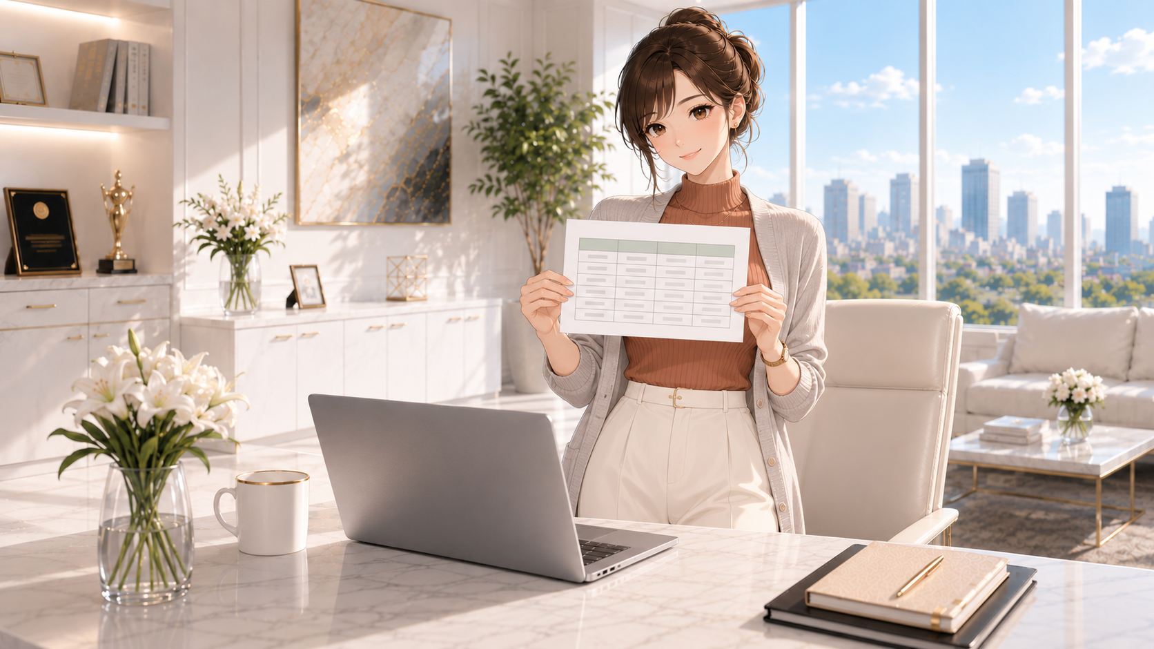 横向きの紙に収まる四列の表を両手で見せるRuri