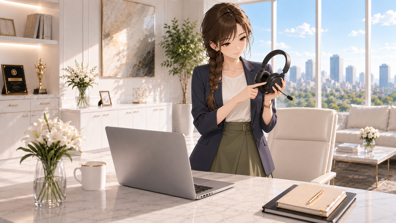 立ってヘッドセットを持ち、本体のスイッチを指すRuri