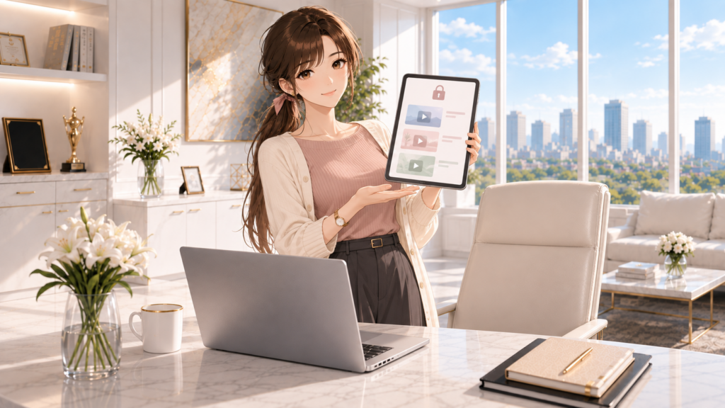 非公開の動画一覧をイメージしたタブレットを紹介するRuri