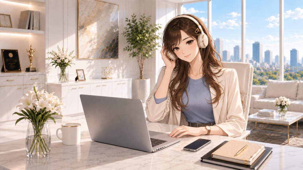固定オフィスの椅子に座りヘッドホンで音声を楽しむRuri
