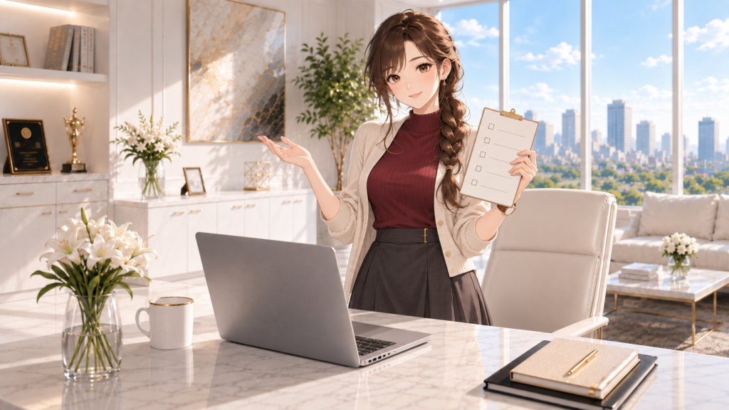 オフィスで立ち、五つのチェック欄があるボードを示すRuri