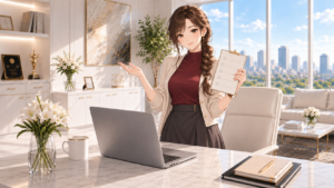 オフィスで立ち、五つのチェック欄があるボードを示すRuri