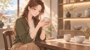 萩焼の器を両手で支え、釉薬の表情を眺めるRuriのイラスト