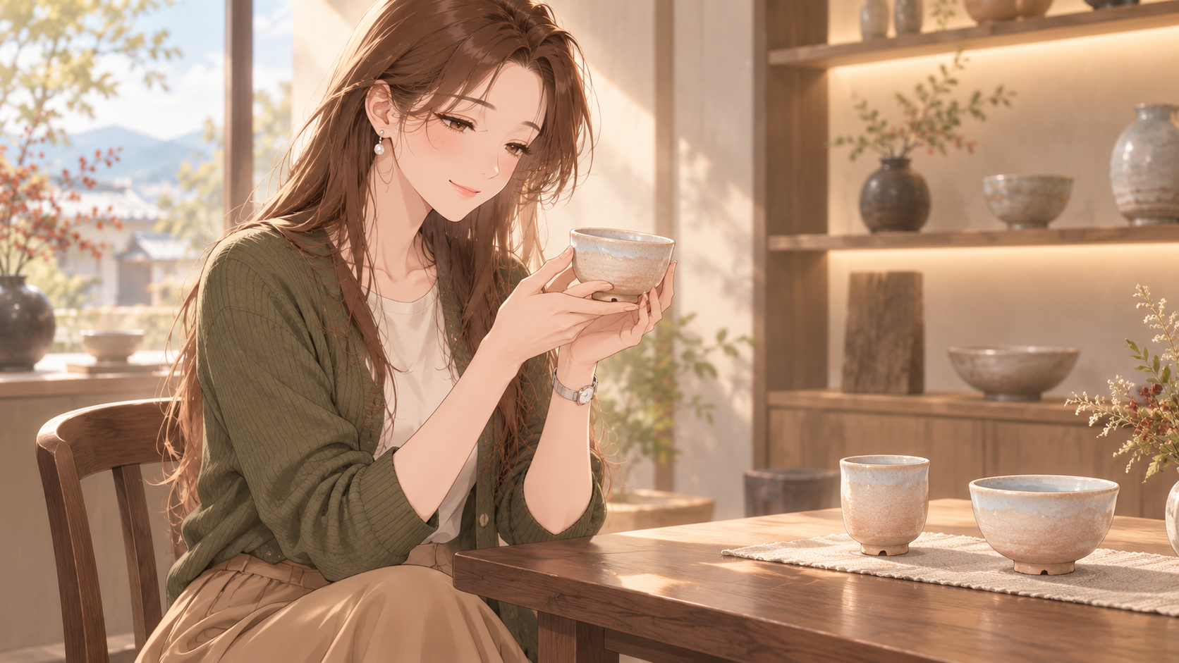 萩焼の器を両手で支え、釉薬の表情を眺めるRuriのイラスト
