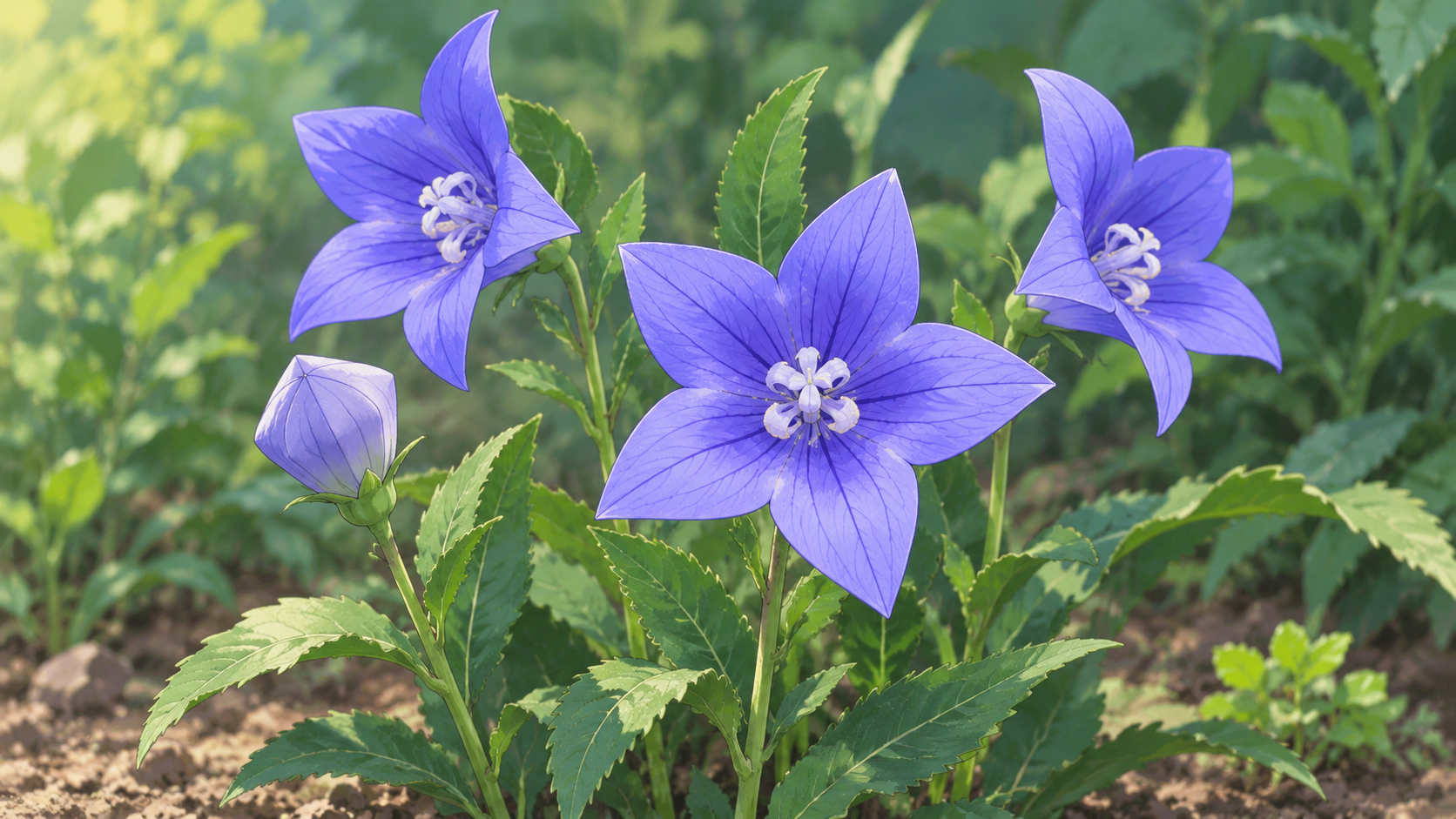 秋の七草のキキョウの花とふくらんだつぼみを描いた接写イラスト