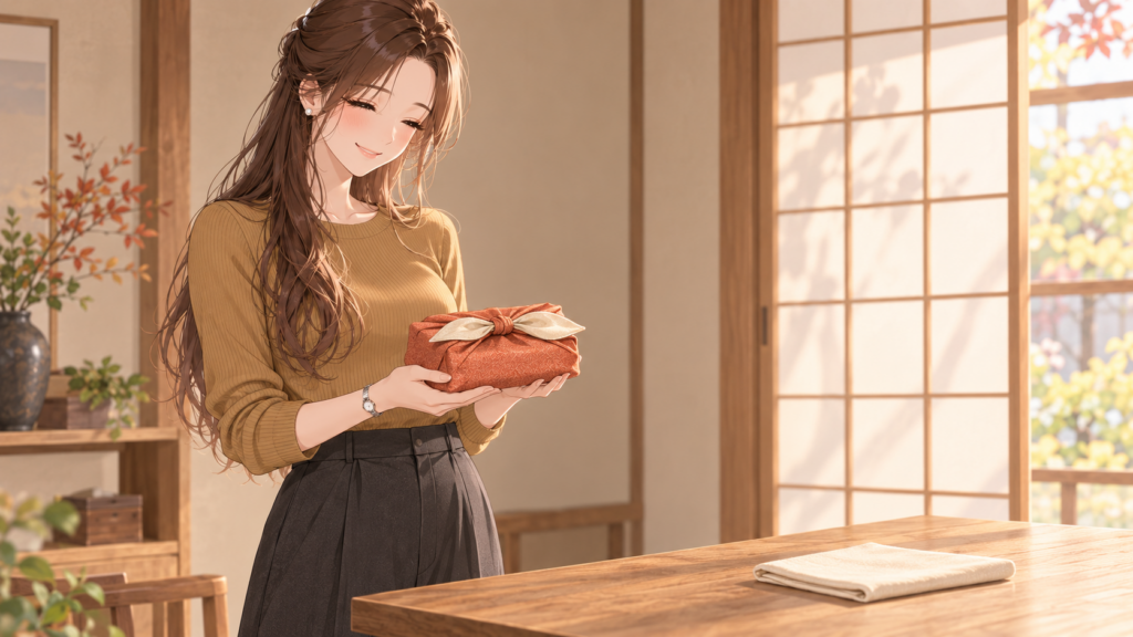 風呂敷のお使い包みで包んだ箱を両手で支えるRuriのイラスト