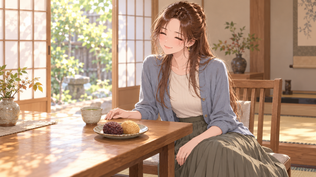 秋のお茶時間に、小豆あんときなこのおはぎを眺めるRuri