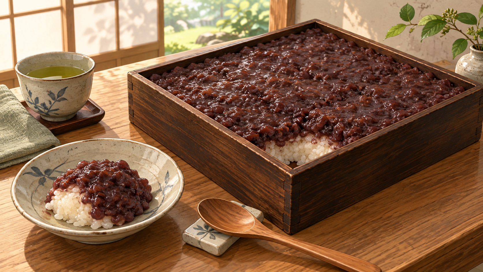 重箱に米飯と小豆あんを敷き詰め、小皿へ取り分けるぼたもちのイメージ